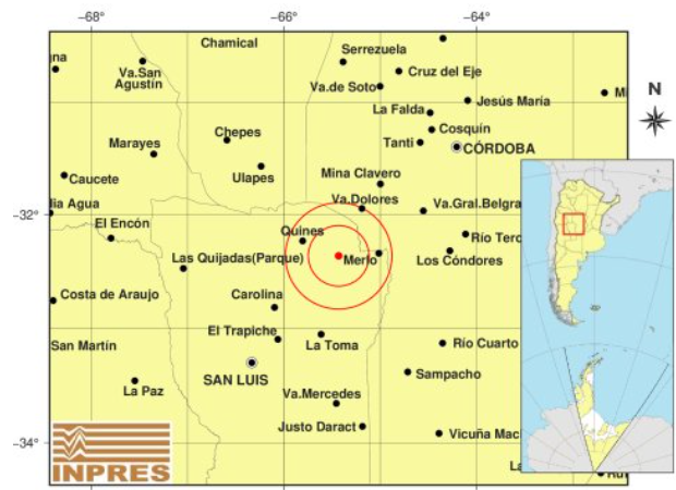 Se registró un temblor de 2.9 de magnitud entre Quines y Merlo