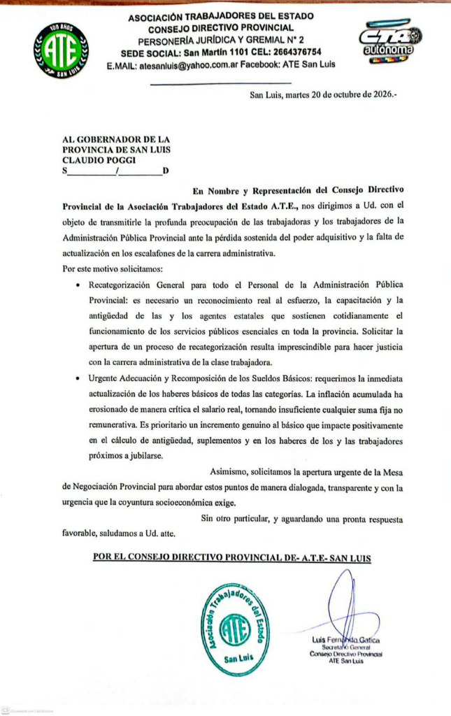 Nota presentada por ATE San Luis al gobernador Claudio Poggi