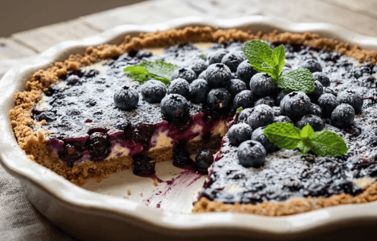 Tarta exprés de avena, queso y arándanos, una delicia que se prepara sin amasar